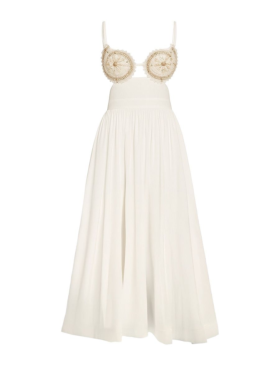 Women's Seaweed Shell Embroidered Cotton Midi-Dress - Off White - Size 8