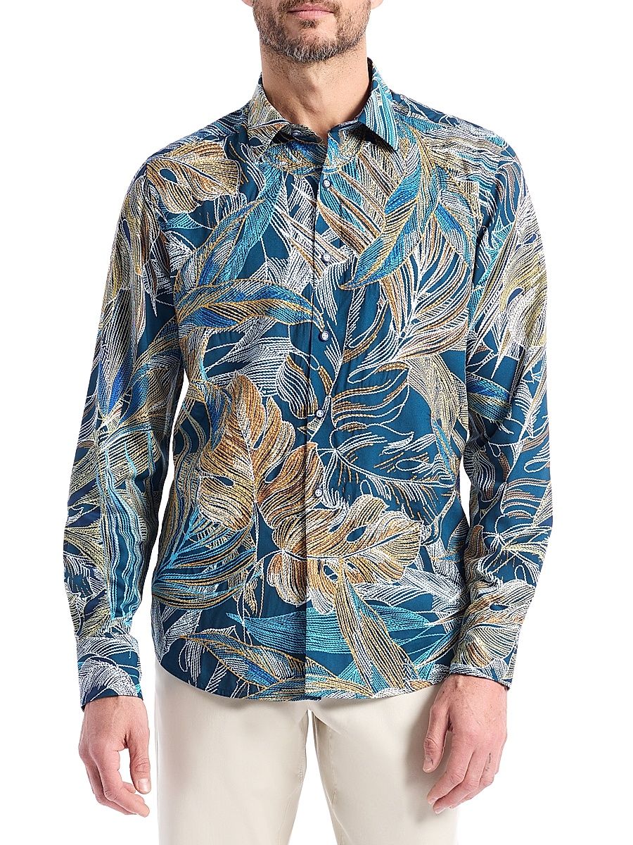 Men's Chorro Embroidered Leaf Print Shirt - Size XL