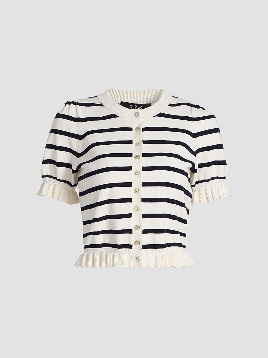 Women's Lora Striped Ruffle-Trim Cardigan - Ivory Navy Stripe - Size XS