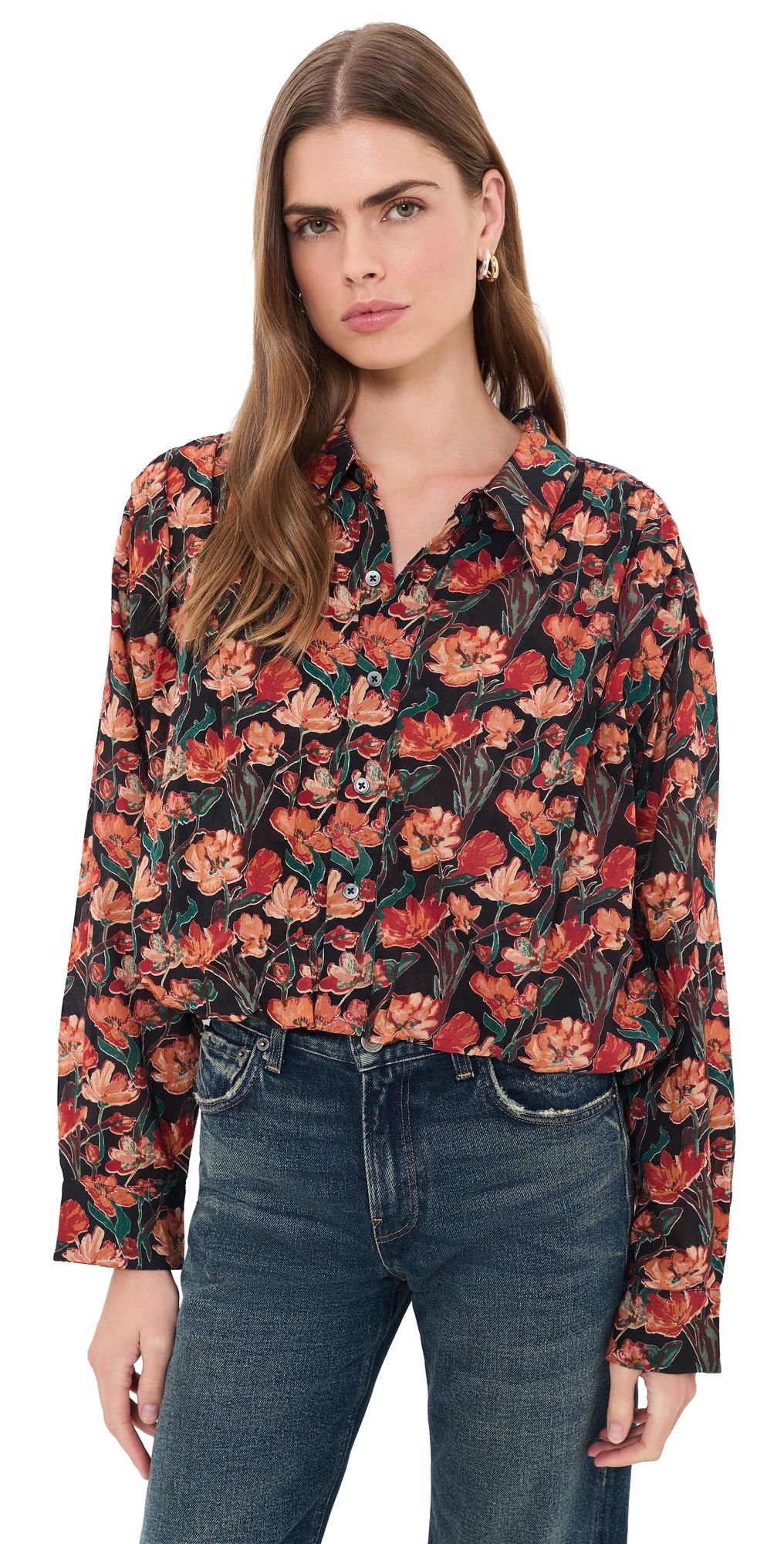 R13 Gathered Yoke Bubble Shirt Multi Floral On Black M