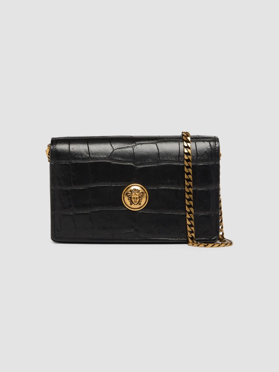 Versace Women's Emblème Mini Croc-Embossed Leather Crossbody Bag - Black Gold