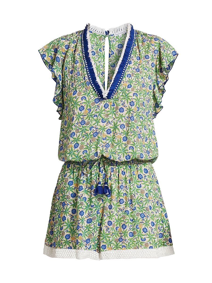 Women's Sasha Floral Knit Drawstring Romper - Blue Honolulu - Size XS