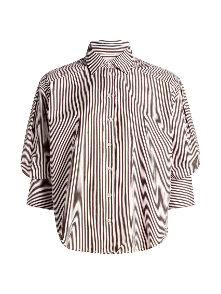 Women's Emmy Striped Cotton Puff-Sleeve Shirt - Acorn Optic White - Size XL