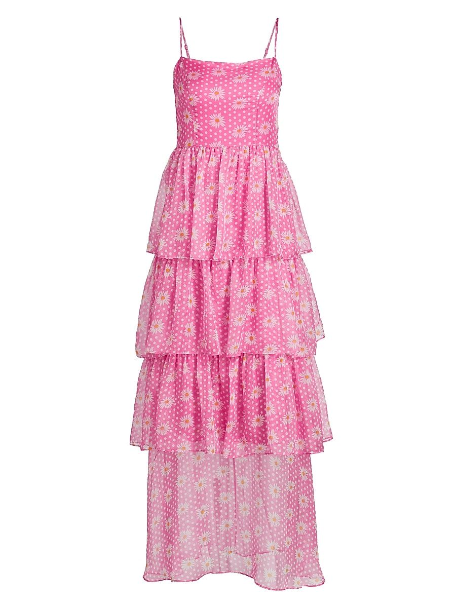 Women's Rebekah Daisy Tiered Maxi Dress - Pink Dot Daisy Silk Chiffon - Size 8