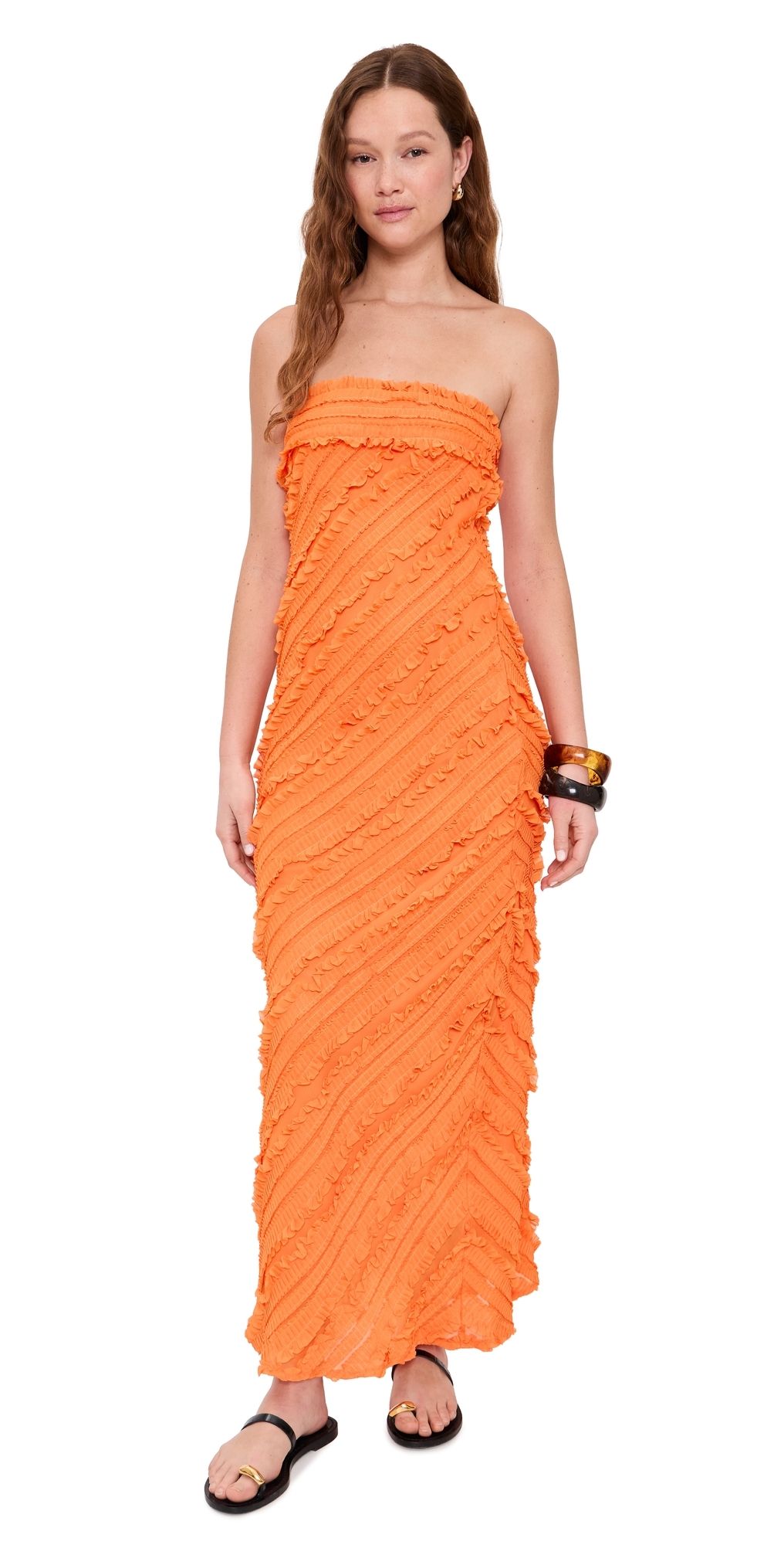 endless rose Strapless Ruffled Maxi Dress Orange XS