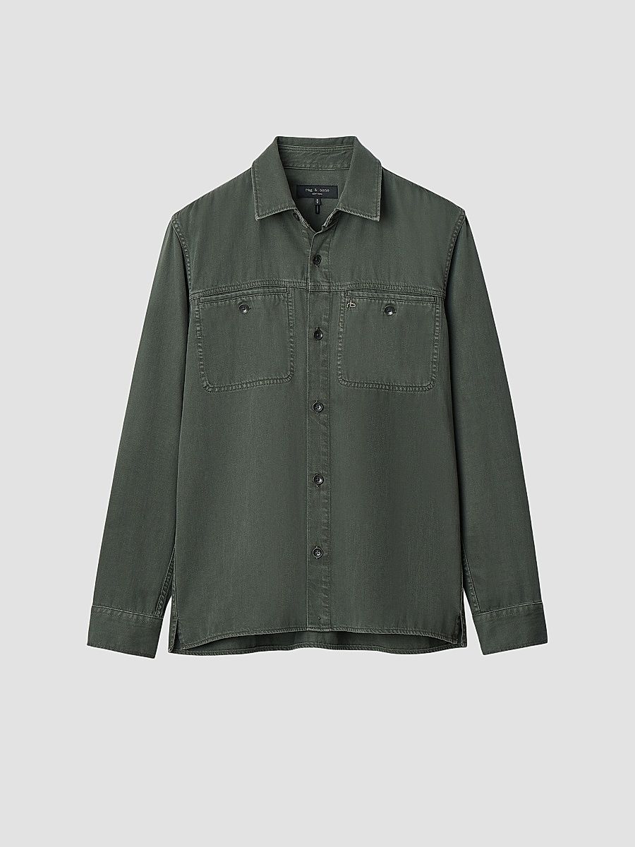 Men's Overdyed Cotton Workwear Shirt - Dark Green - Size XXL