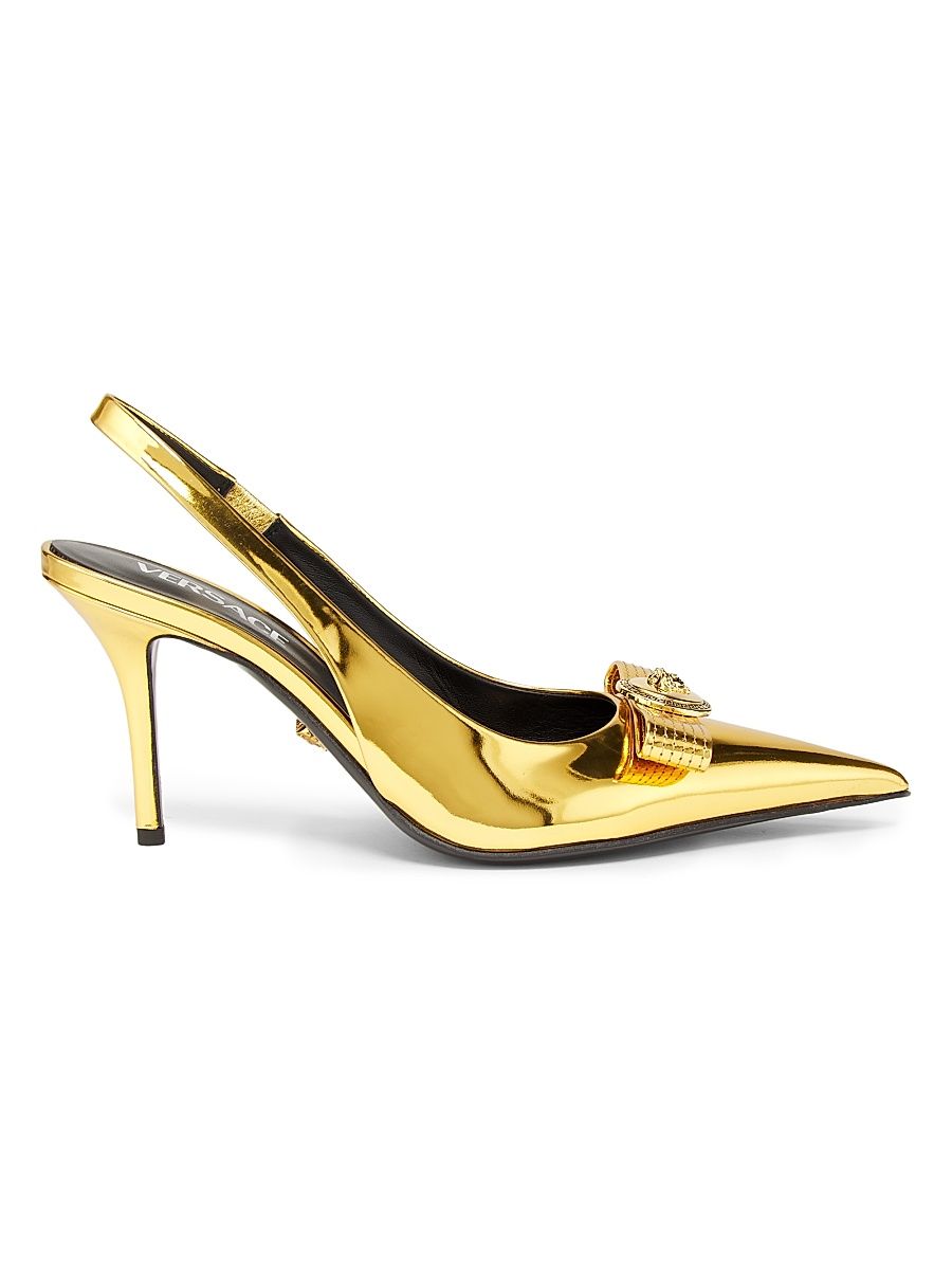 Women's Metallic Leather 85MM Sling-Back Pumps - Gold Versace Gold - Size 6.5