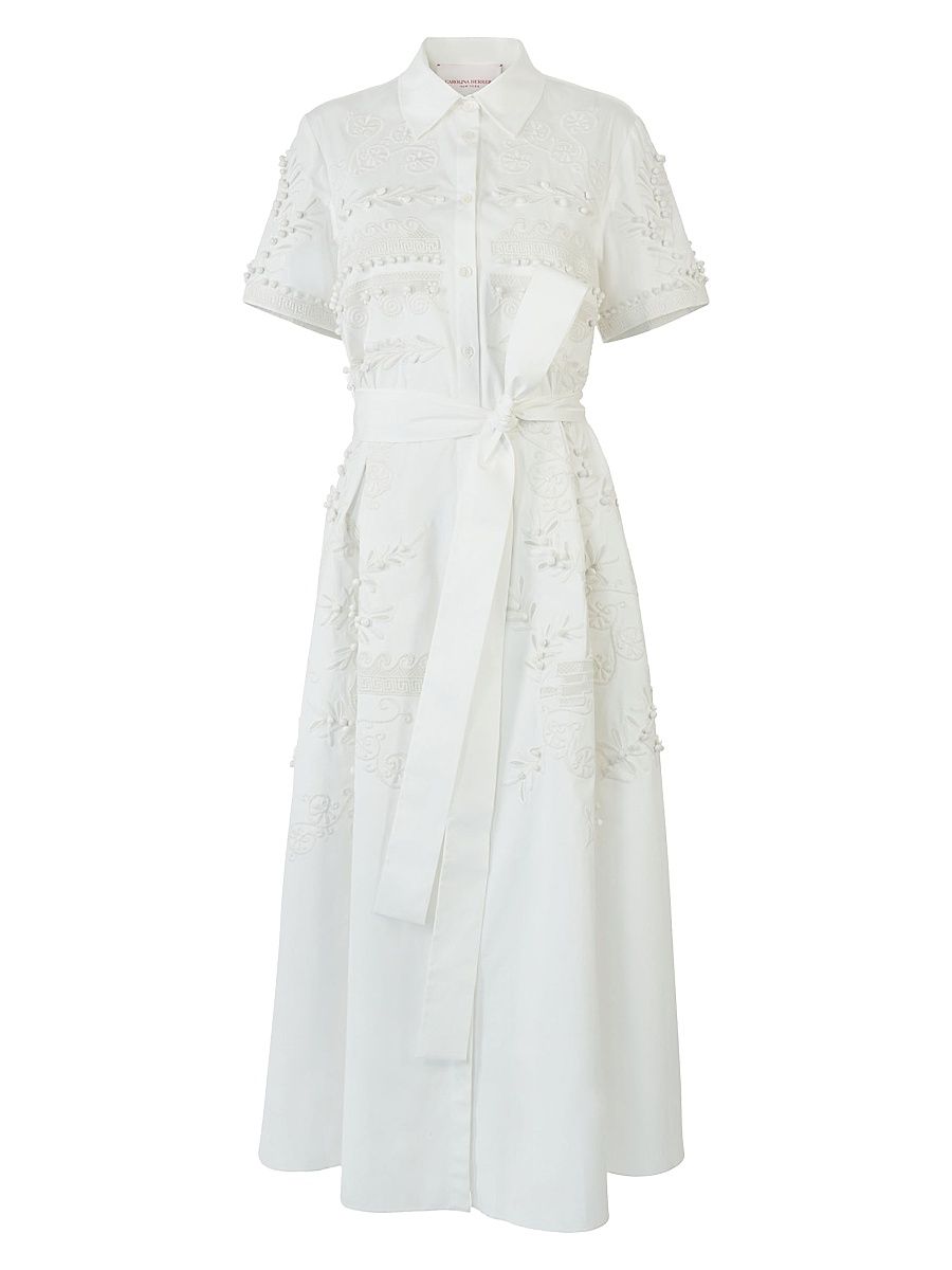 Women's Floral Embroidered Cotton Shirtdress - White - Size 8