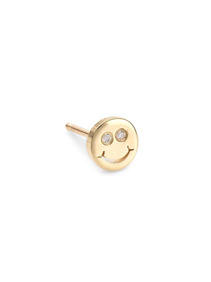 Women's 14K Yellow Gold & Diamond Tiny Pure Happy Face Single Stud Earring - Gold