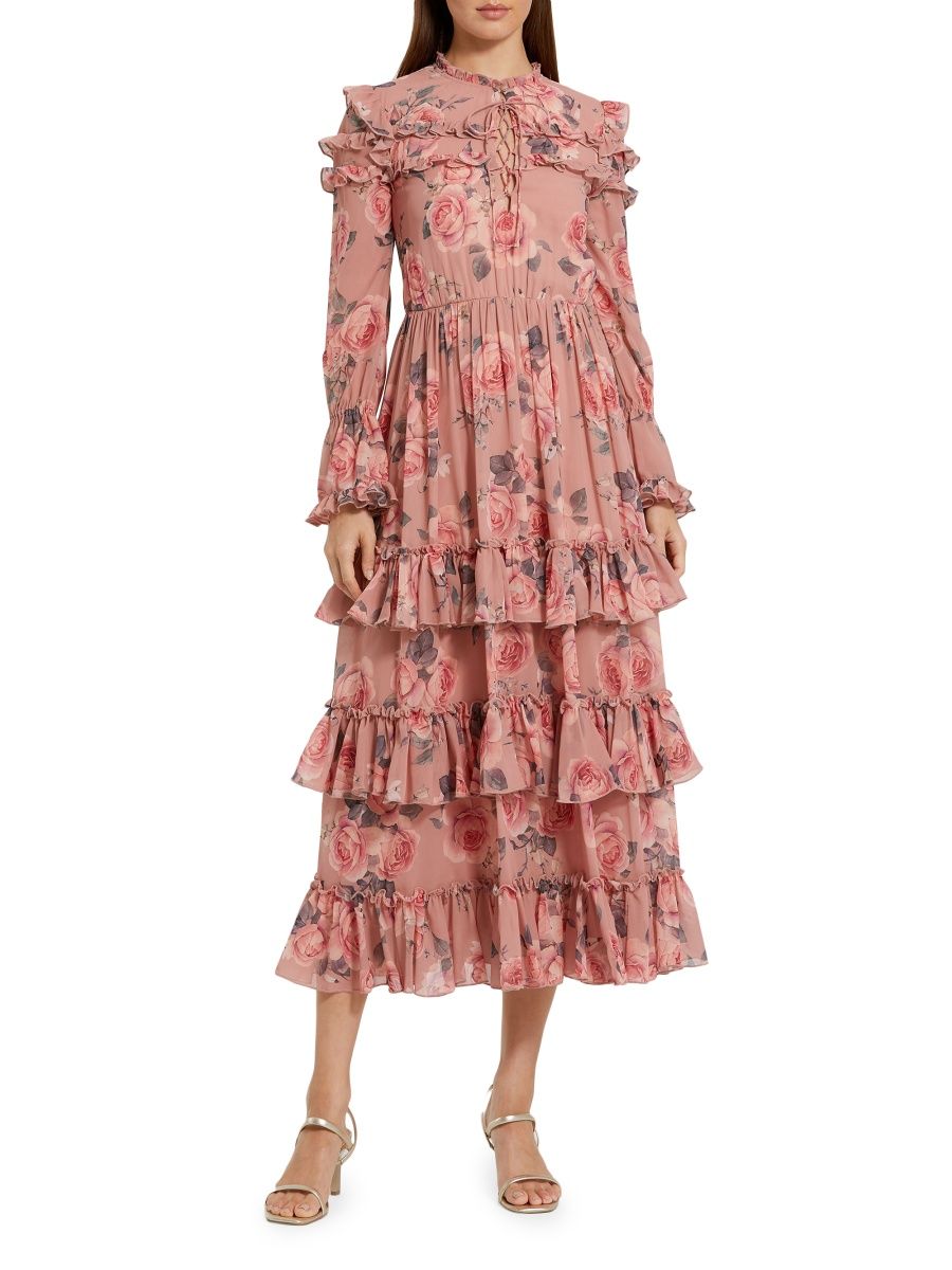 Mac Duggal Women's Rose-Print Tiered Ruffle Midi-Dress - Rose Multi - Size Small