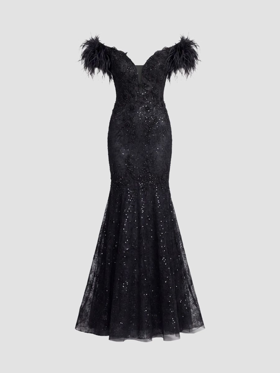 Mac Duggal Women's Sequin-Embellished Feather-Sleeve Trumpet Gown - Black - Size 12
