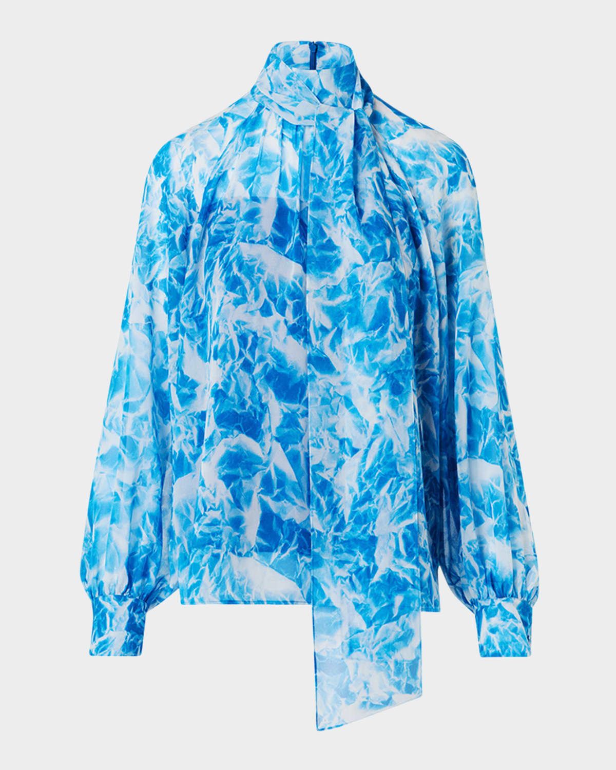 Whitecaps Printed Tie-Neck Silk Blouse