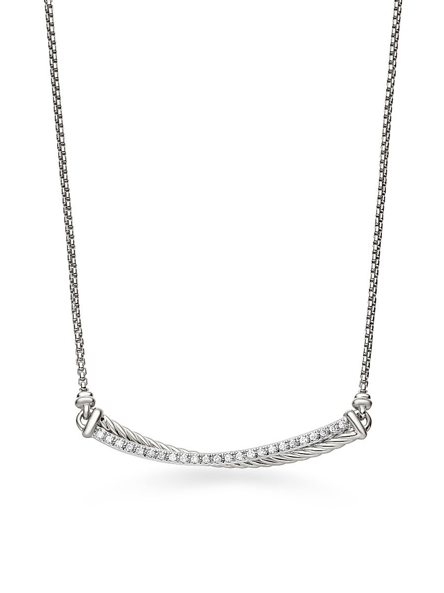 Women's Crossover Bar Necklace in Sterling Silver with Diamonds - Diamond - Size 17