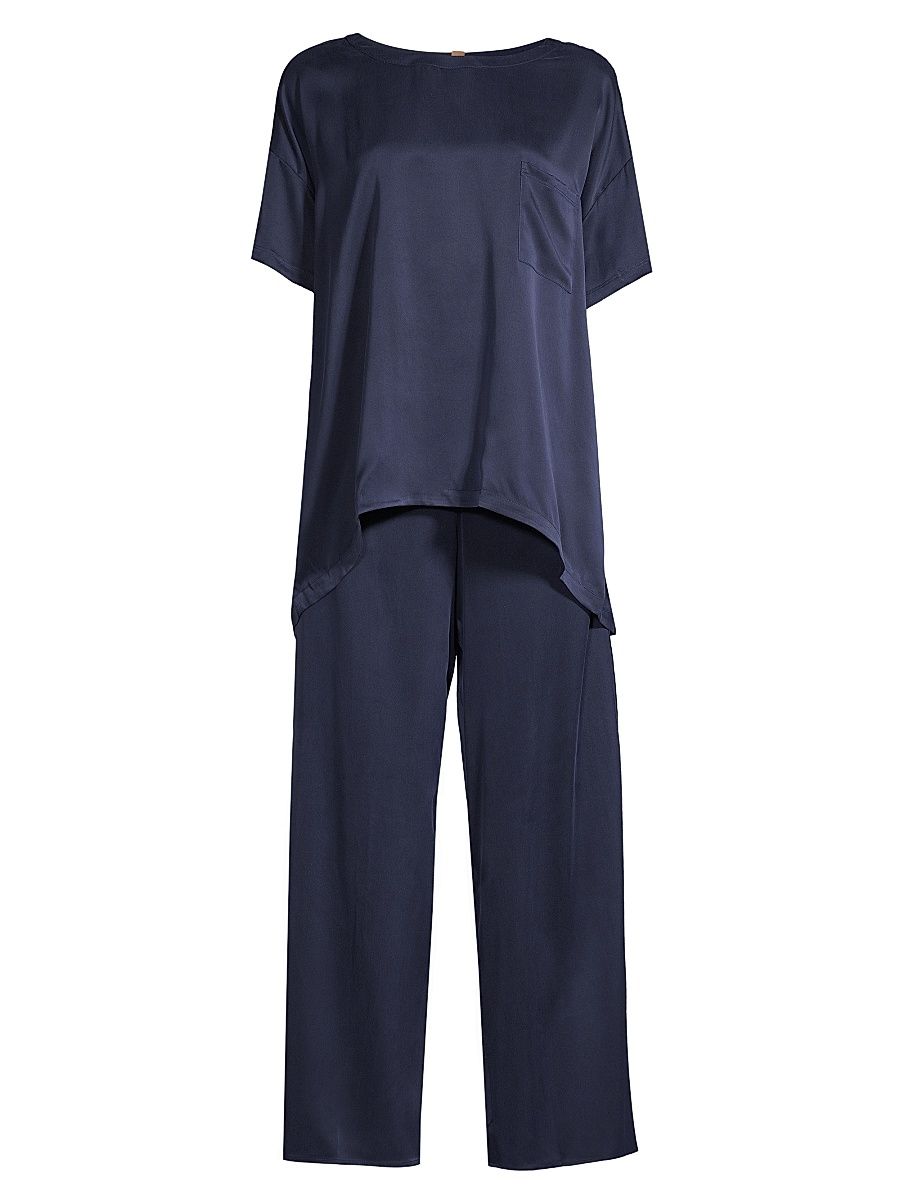 Women's Washable Silk T-Shirt & Pants Pajamas - Deep Blue - Size Large