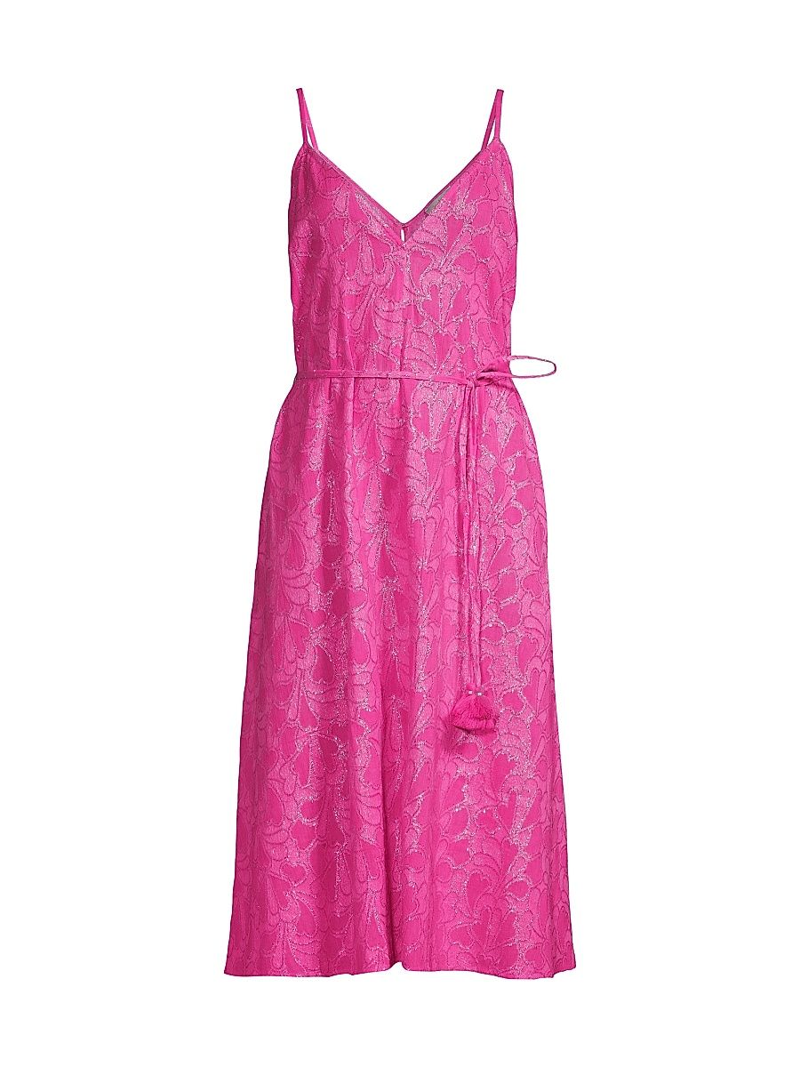Women's Shimmer Floral Tie-Waist Jacquard Slipdress - Pink - Size Large