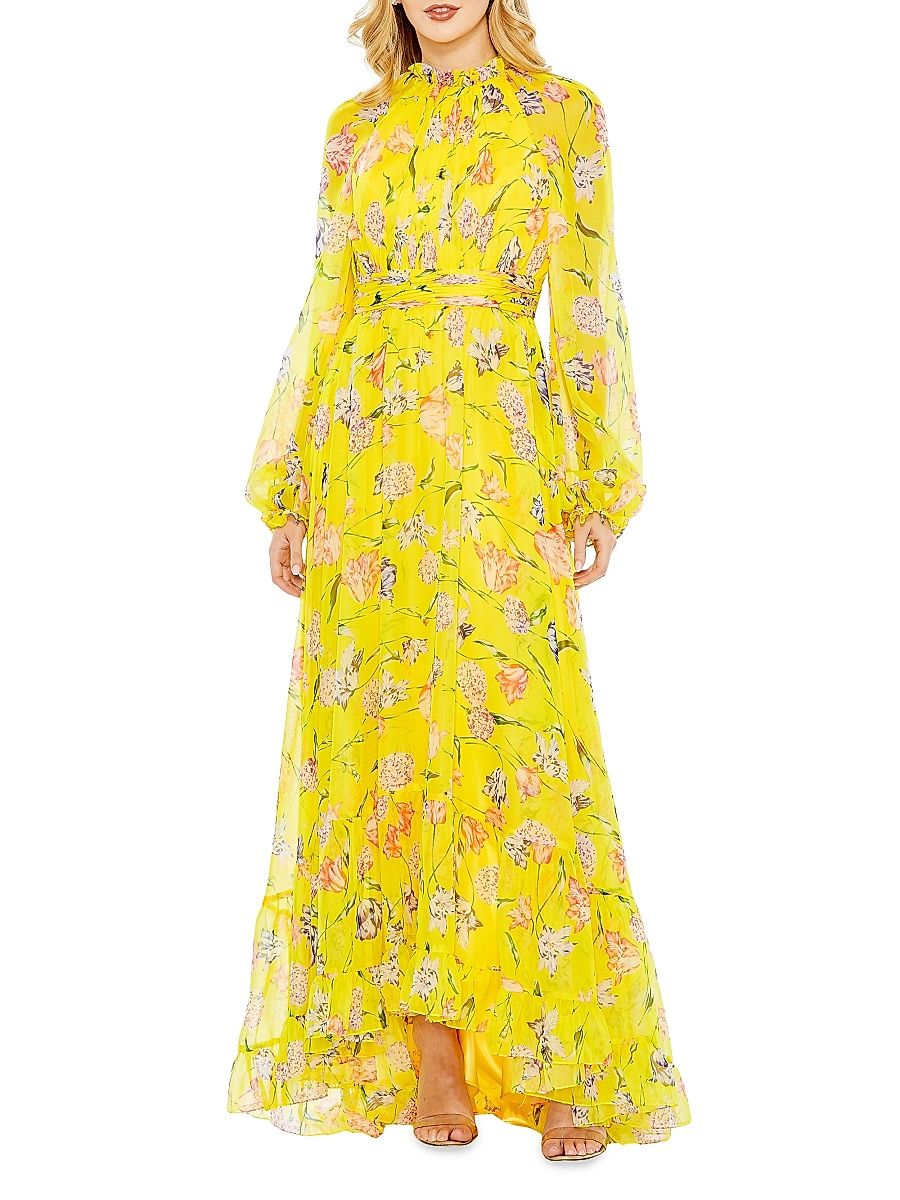 Women's Floral Chiffon Ruffled Gown - Yellow Multi - Size 10