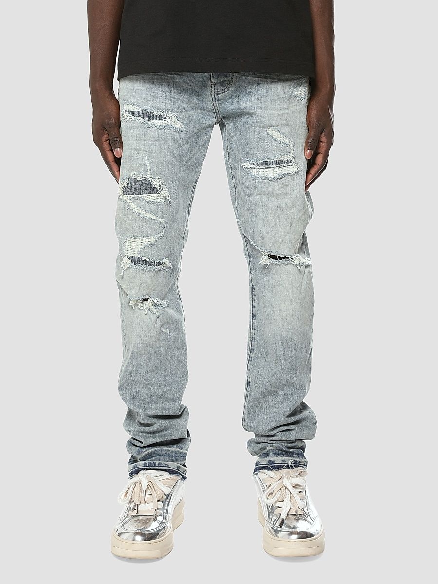 Men's Layered Distressed Jeans - Light Indigo - Size 40