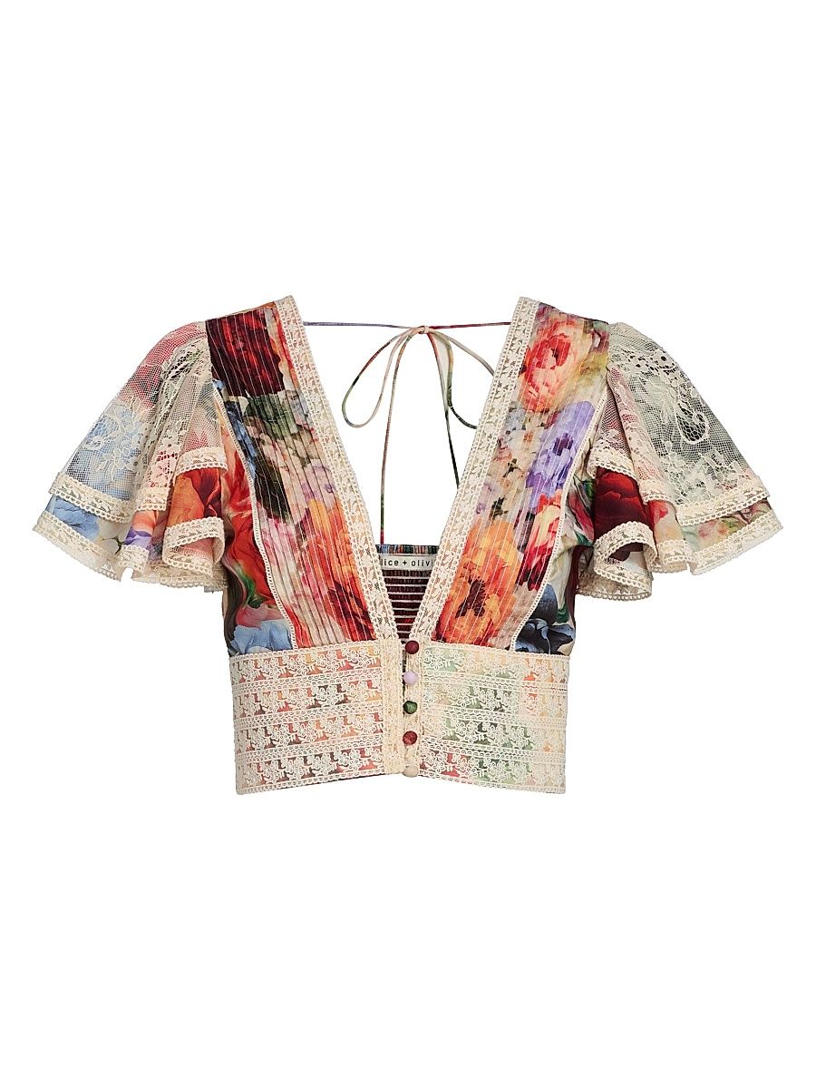 Women's Keeley Floral Flutter-Sleeve Blouse - Storm Floral - Size Medium