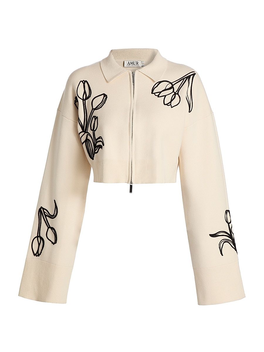 Women's Rosenna Embroidered Knit Zip-Front Top - Ivory Pebble - Size XL