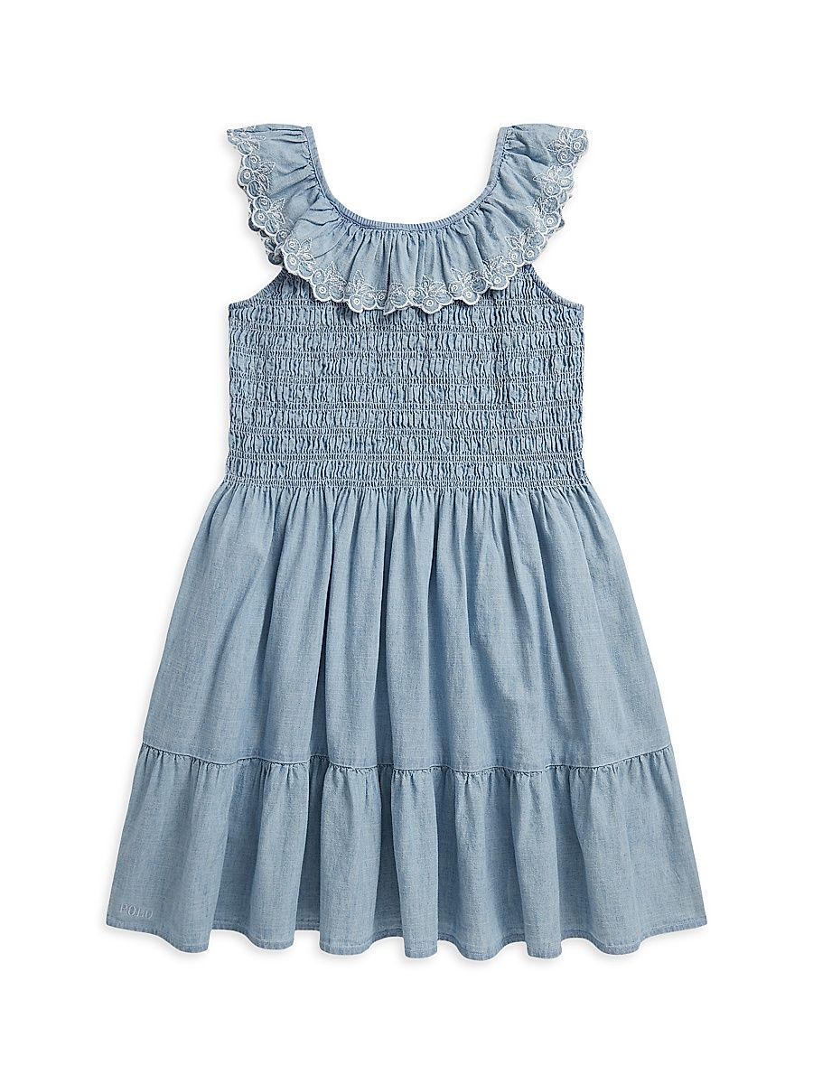Little Girl's & Girl's Blueberry-Overlay Chambray Smocked Dress - New Medium Wash - Size 8