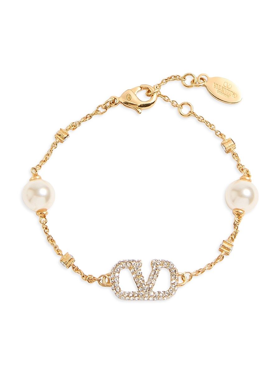 Women's VLogo Signature Bracelet in Metal, Swarovski Crystals and Pearls - Gold