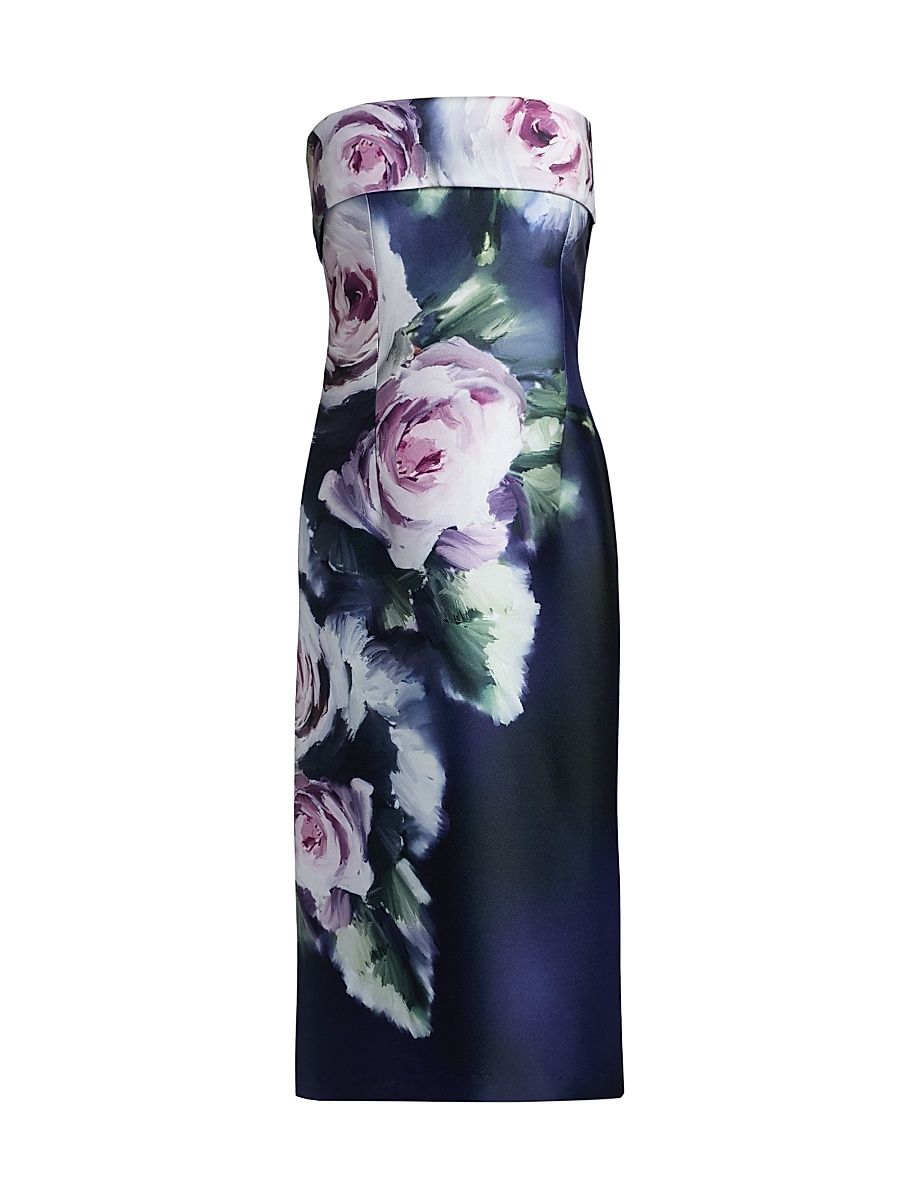 Women's Mikado Floral Strapless Midi-Dress - Navy Multi - Size 2