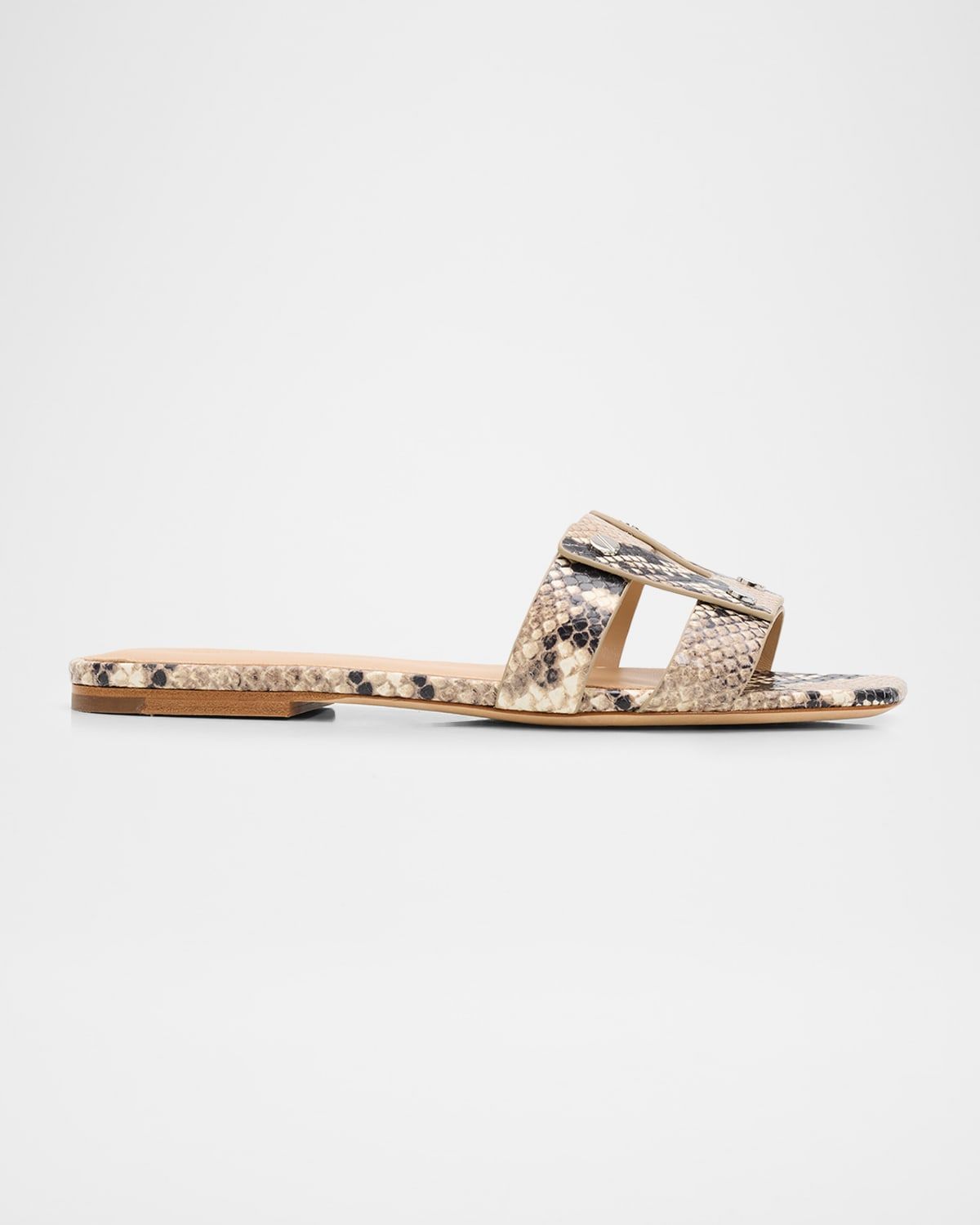 Via Snake-Printed Leather Flat Slide Sandals