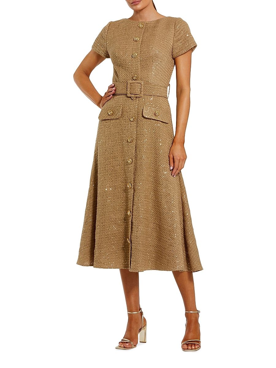 Women's Short Sleeve Bouclé Button-Front Midi-Dress - Toffee - Size 14