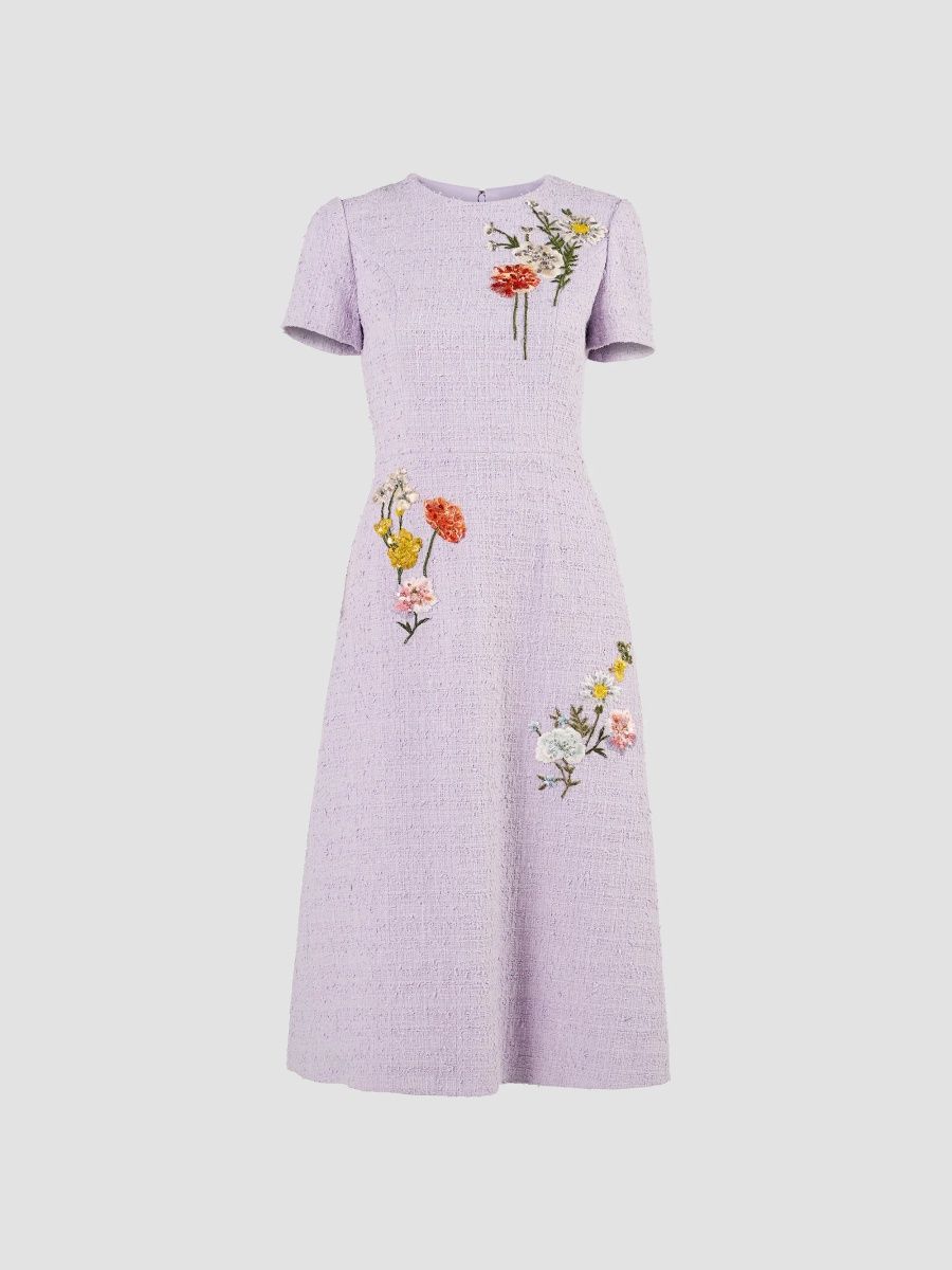 Carolina Herrera Women's Floral-Embroidered Tweed Midi Dress - Wisteria - Size 14