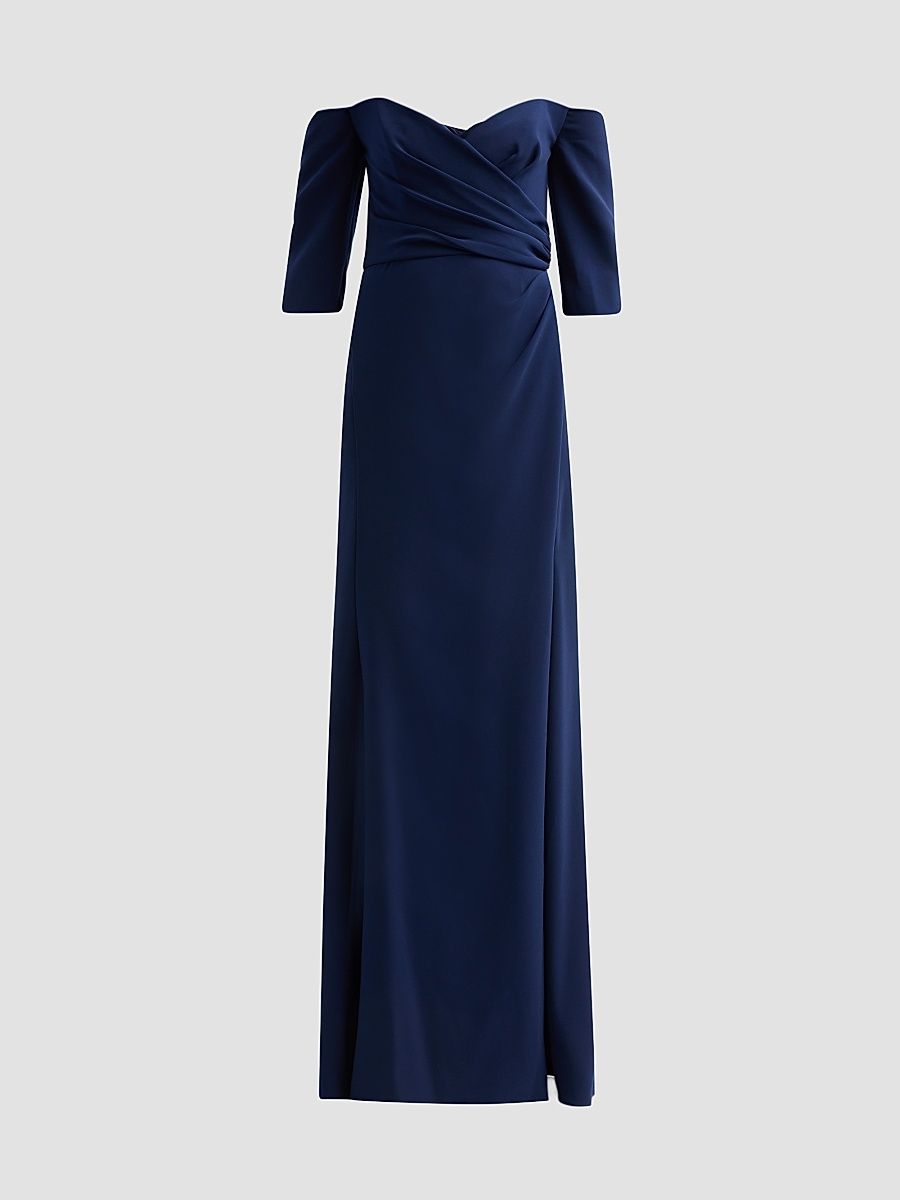 Women's Stretch Crepe Off-The-Shoulder Gown - Navy - Size 14