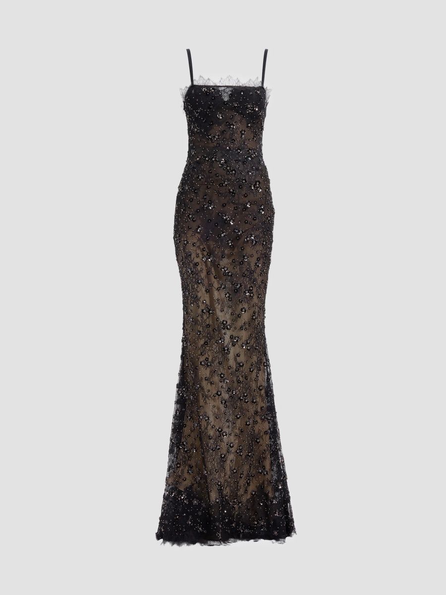 Women's Sequined Embroidered Lace Mermaid Gown - Black - Size 6