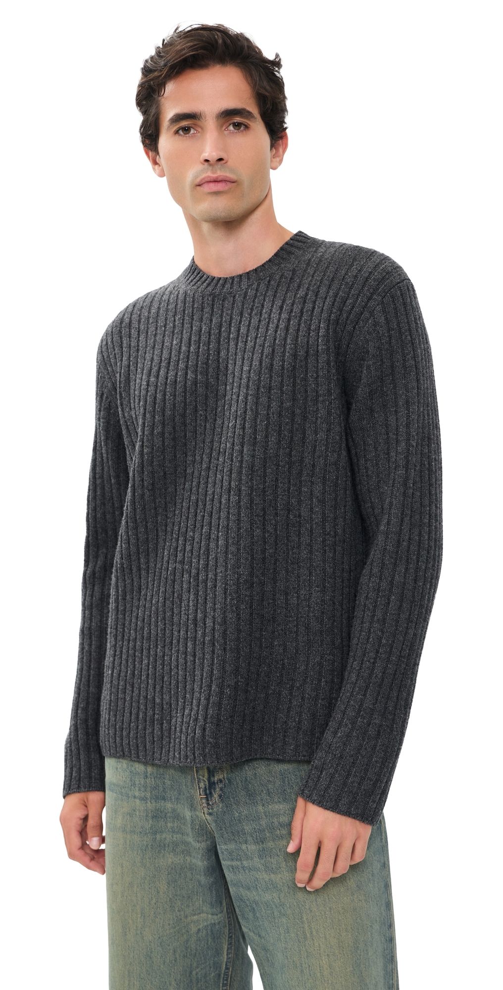 Helmut Lang Rustic Wool Rib Crew Sweater Graphite L