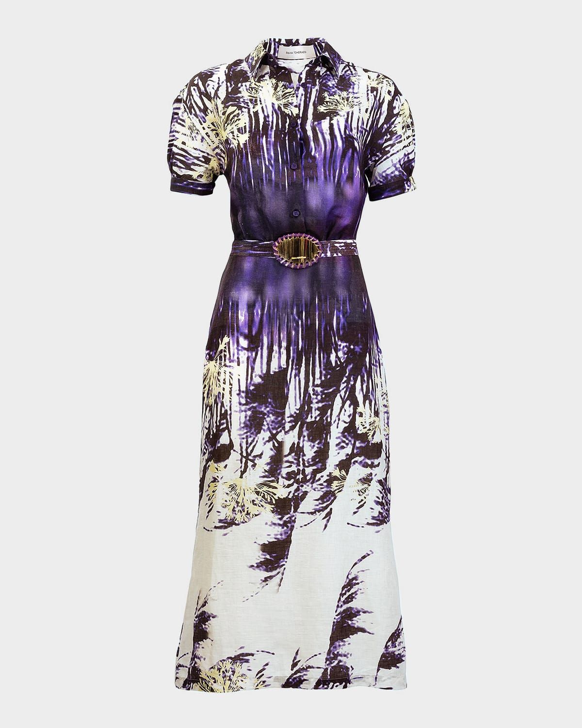 Lee Palm-Print Linen Short-Sleeve Midi Shirtdress With Belt