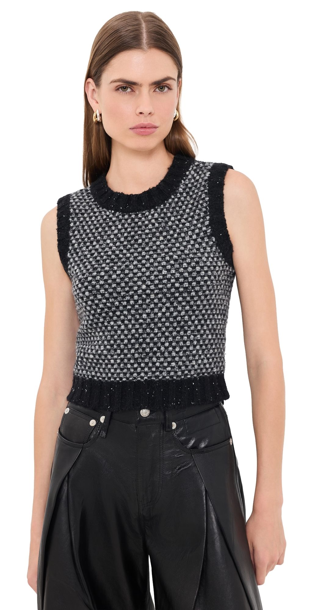 R13 Shrunken Crewneck Sweater Vest Black Grey Tweed XS