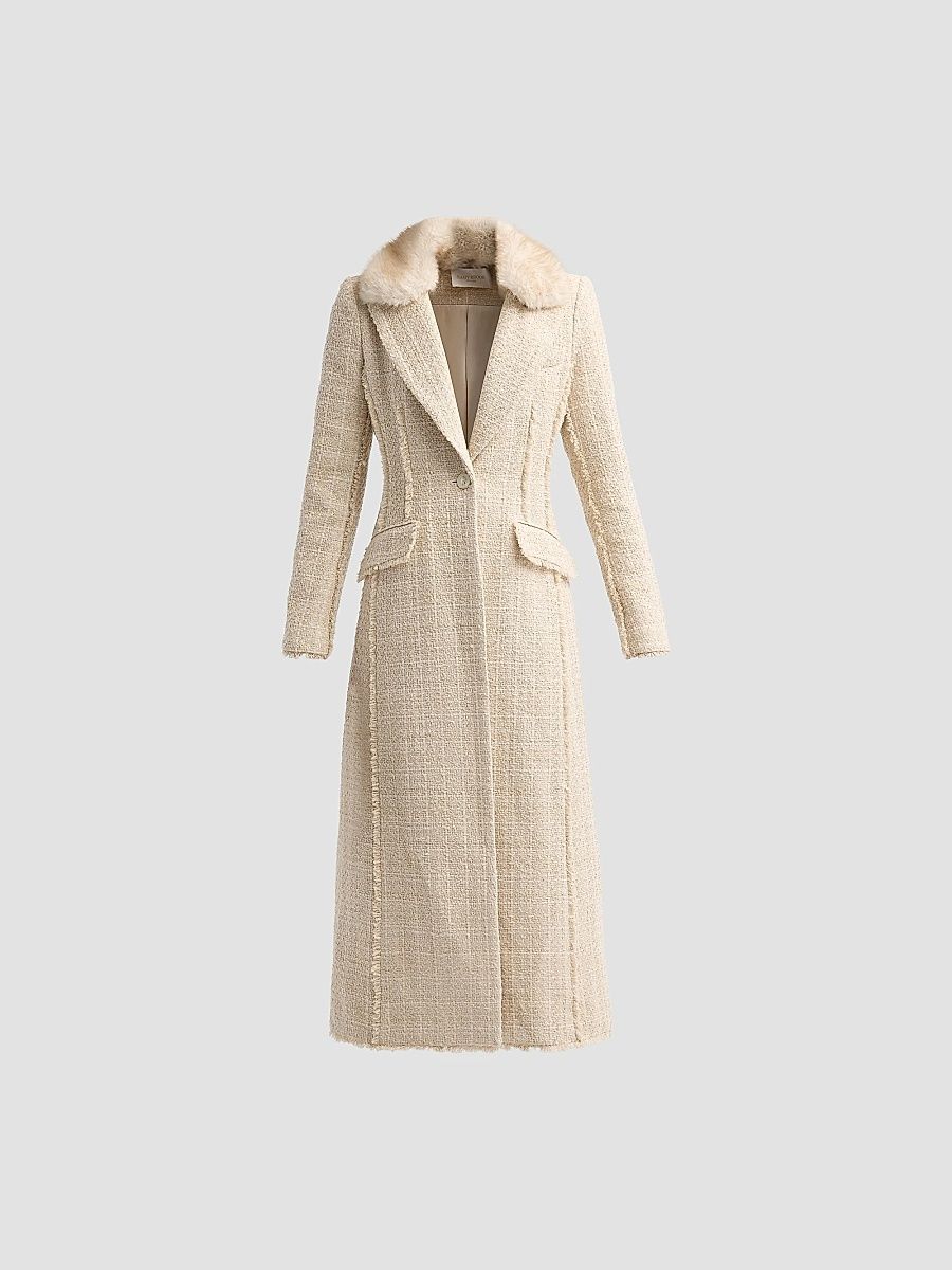 Women's Betsy Faux-Fur Collar Tweed Longline Coat - Bone - Size XL