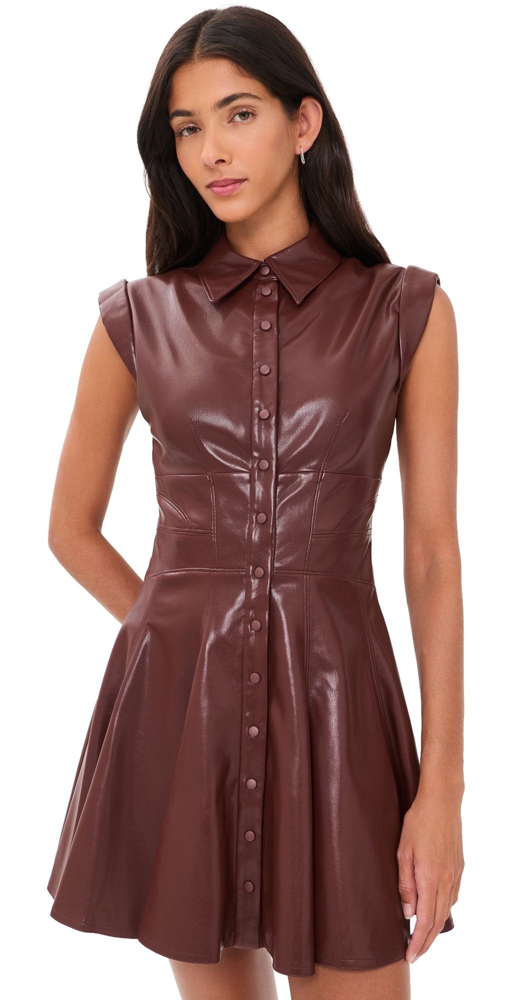 ALICE + OLIVIA Kim Vegan Leather Paneled Corset Flared Mini Shirt Dress Cognac 12