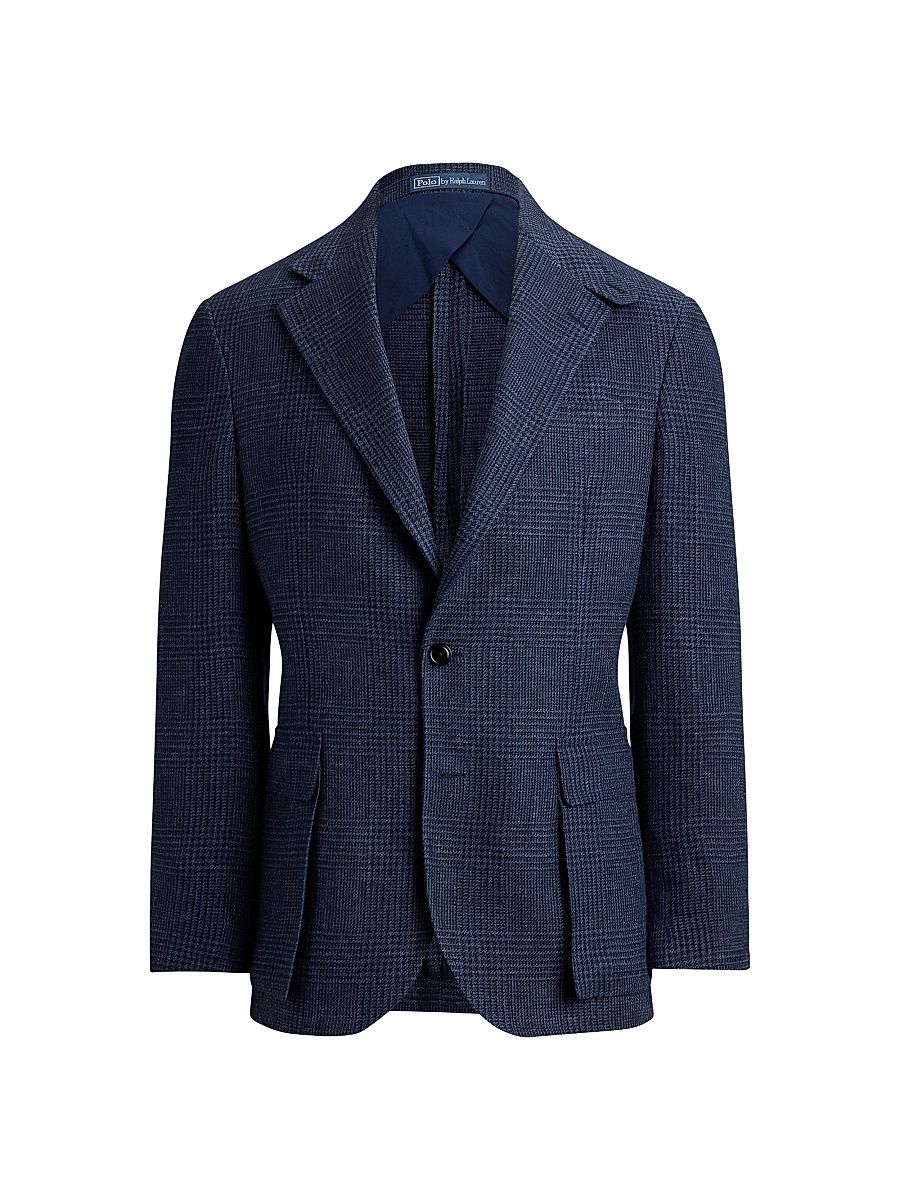 Men's Glen Checked Linen Single-Breasted Blazer - Navy Dark Navy - Size 38