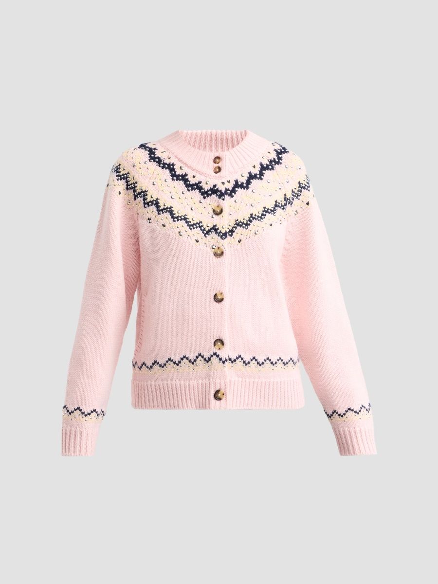 rag & bone Women's Fallon Stud Fair Isle Cardigan - Pink Multi - Size XXS