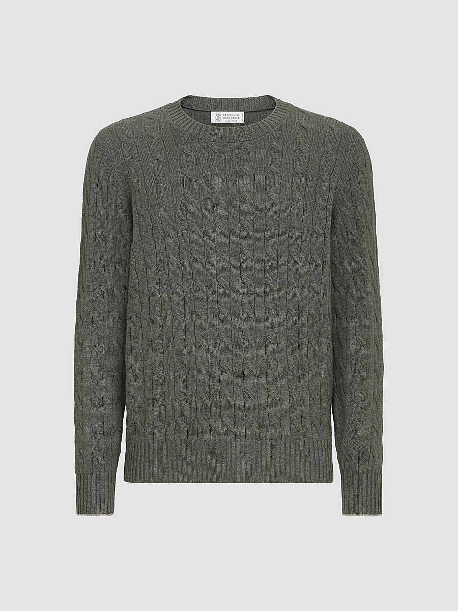 Men's Cashmere Cable Knit Sweater - Dark Green - Size 42