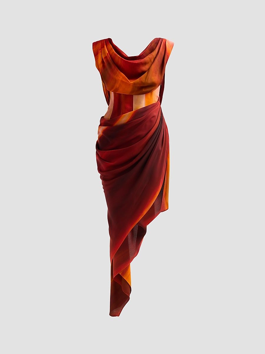 Women's Draped Asymmetric Corset-Style Midi-Dress - Size Large