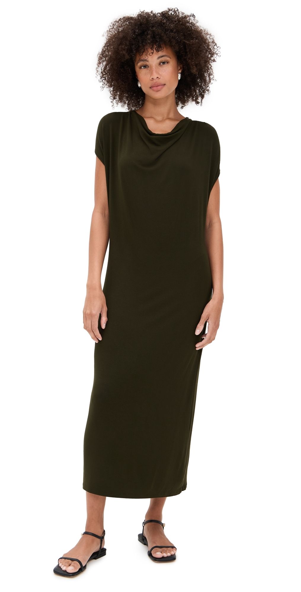 Vince Cap Sleeve Draped Cowl Neck Dress Verde S