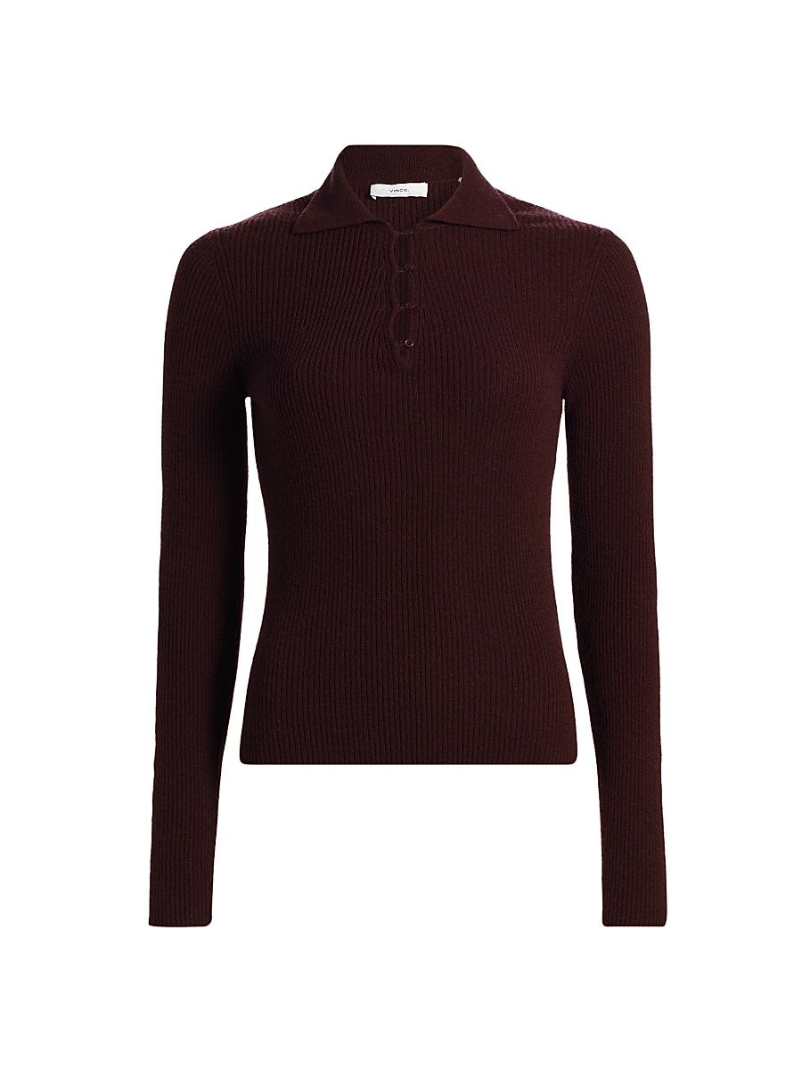 Women's Rib-Knit Cashmere-Silk Polo Shirt - Fig - Size XL