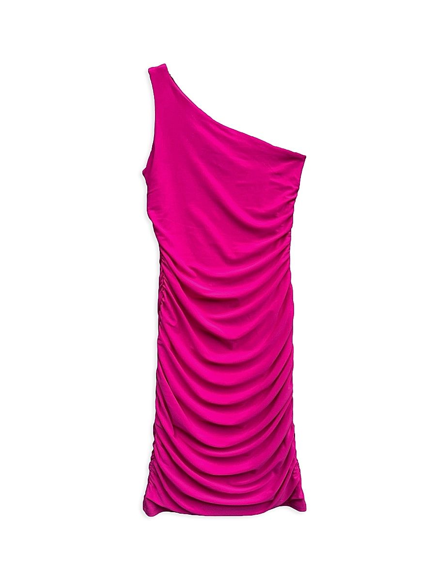 Girl's One-Shoulder Ruched Dress - Fuchsia - Size 12