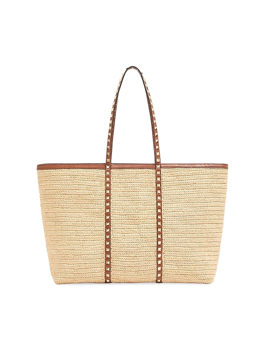 Women's Rockstud Shopping Bag in Raffia - Natural