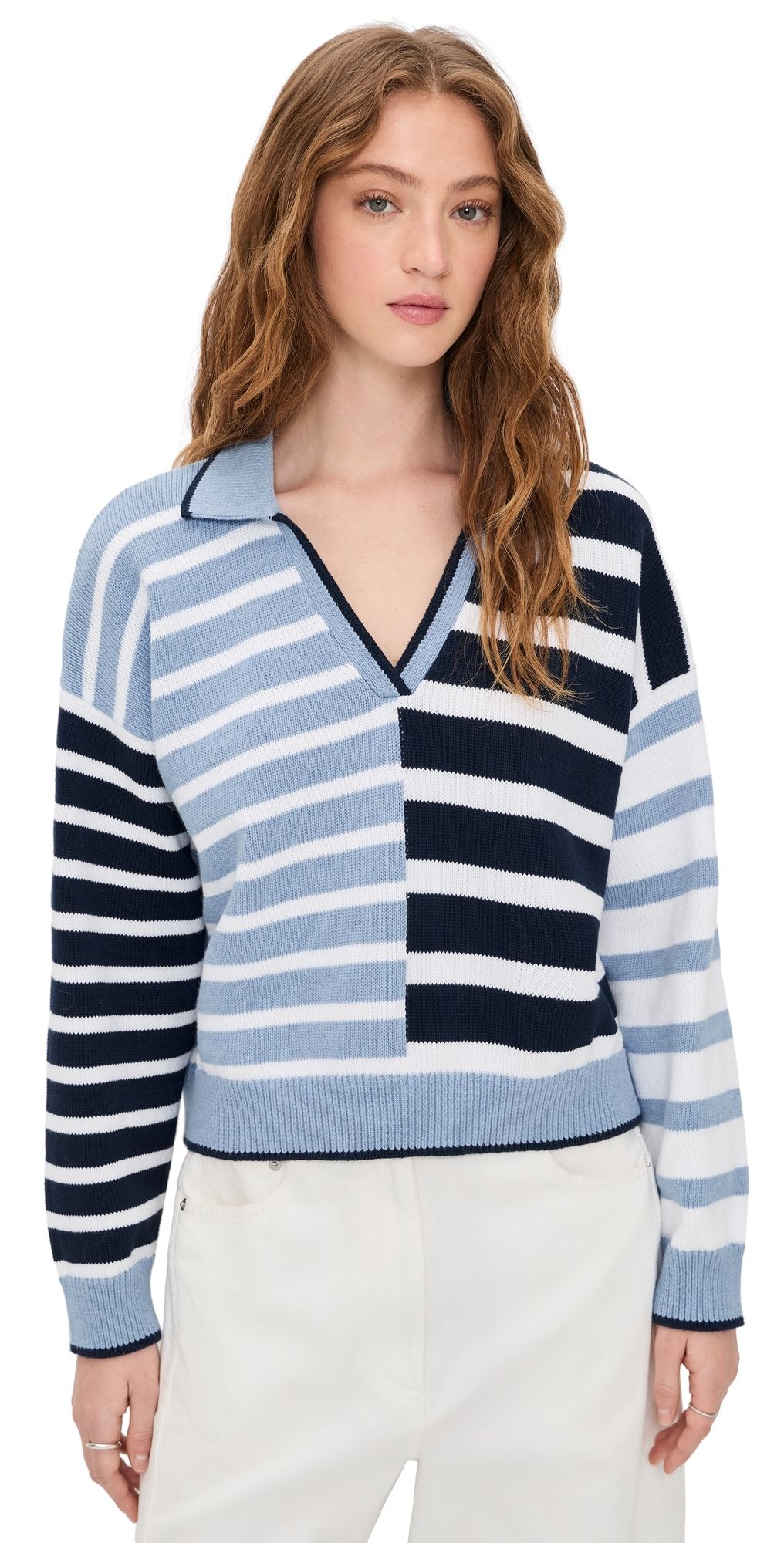 Splendid Arden Stripe Polo Sweater Nvy/Sea Bz H/Wt S