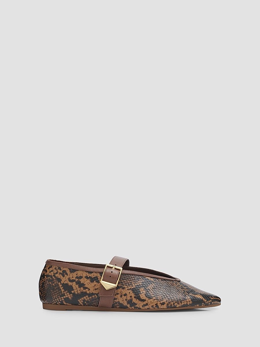 Women's Vick Buckle Embossed Snake-Print Leather Mary Janes - Pecan Brown - Size 11