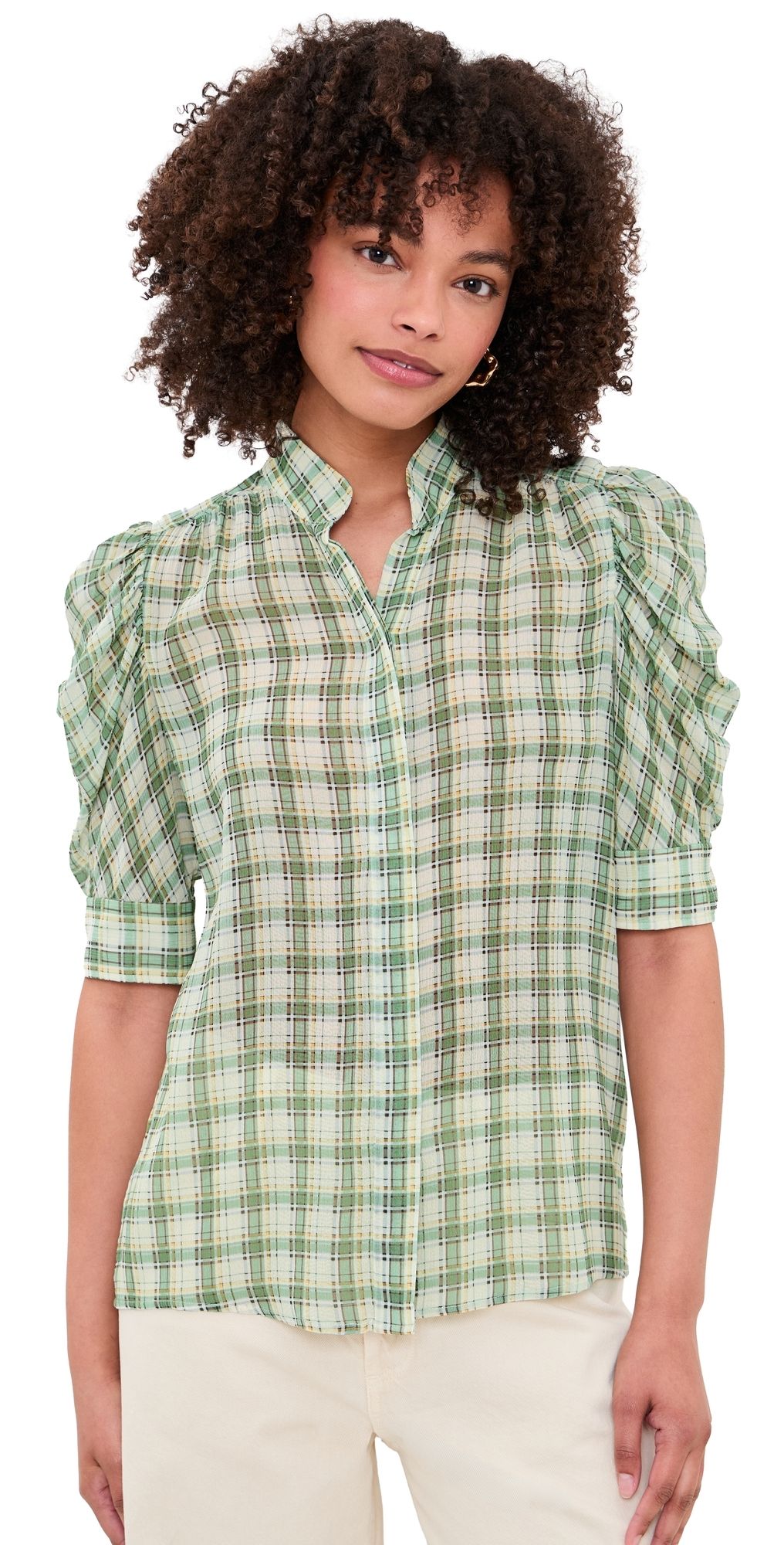 FRAME The Gillian Top Jade Green Plaid M