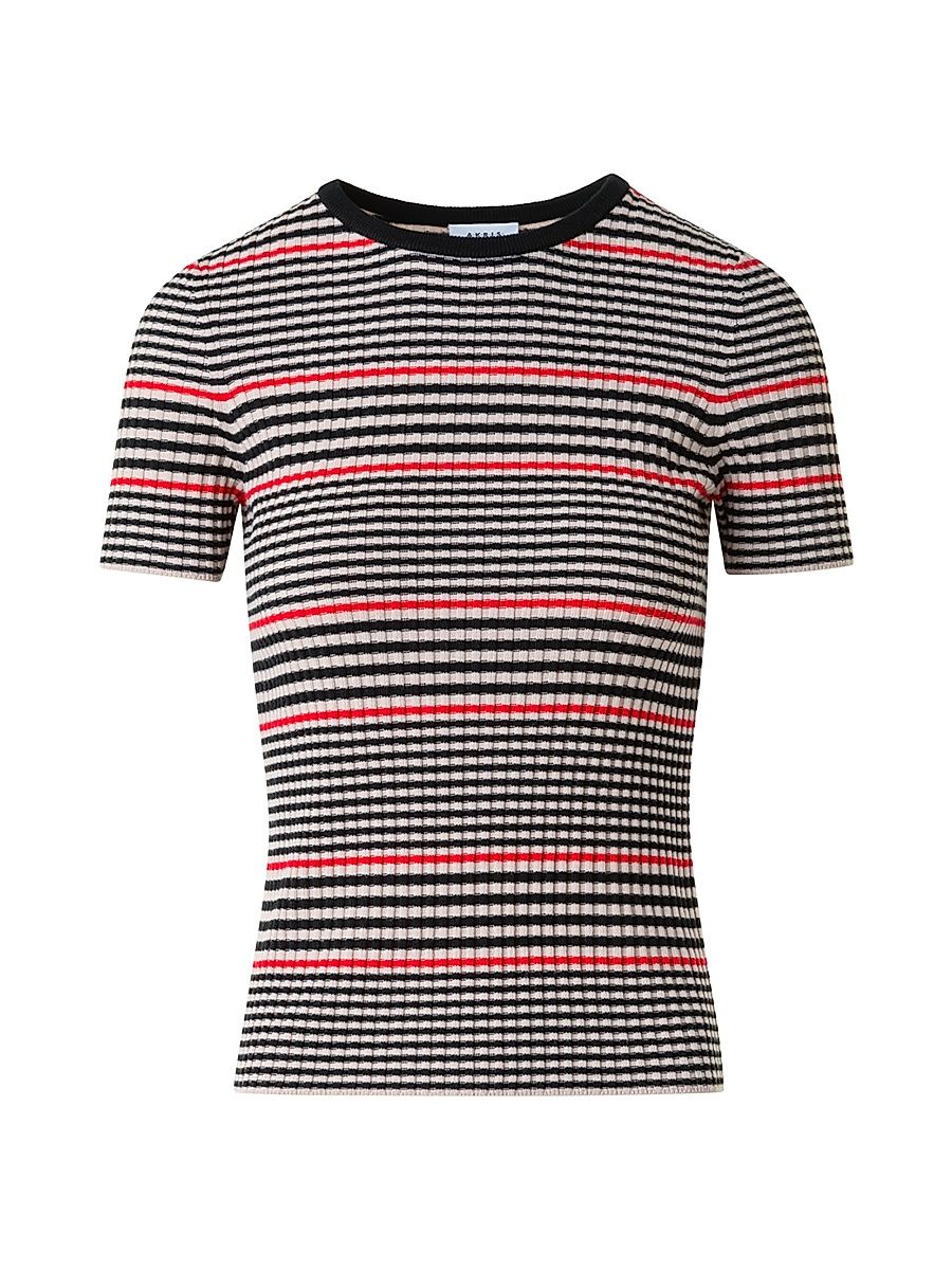 Women's Striped Rib-Knit Virgin Wool Top - Black Cream Vermillion - Size 12