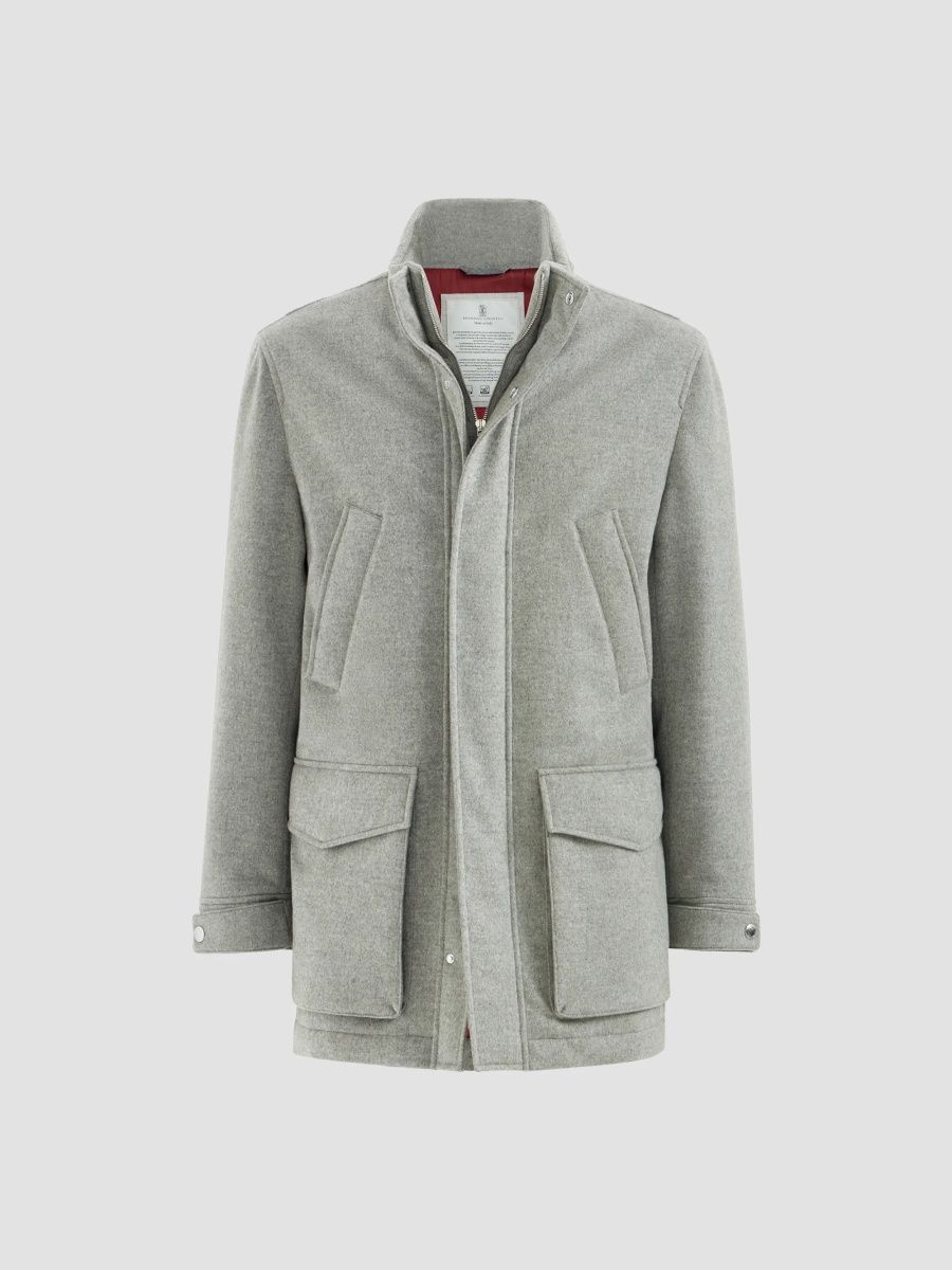 Brunello Cucinelli Men's Bonded Cashmere Beaver Cloth Parka Jacket - Pearl Grey - Size 40