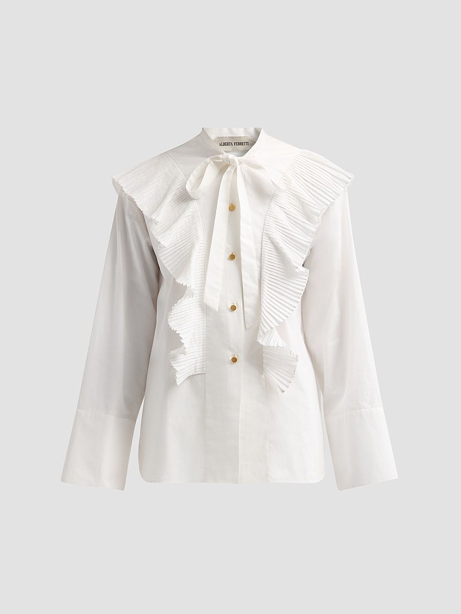 Women's Pleated Ruffle Neck-Tie Cotton Blouse - White - Size 12